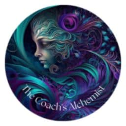 Circular logo featuring a profile silhouette with flowing teal and purple hair, text reads "Life Coach's Alchemist"